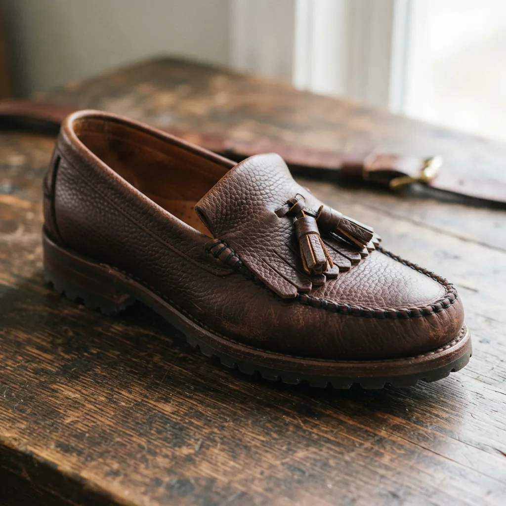 A bold H.S. Trask tassel loafer crafted from durable American Bison leather, featuring unique texture and robust construction.