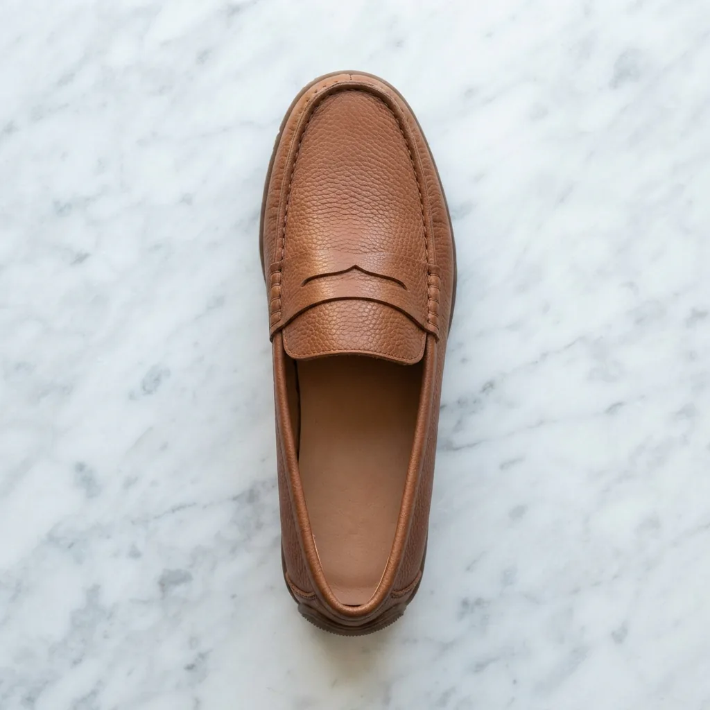 H.S. Trask Women's Elk Hide Loafer shown on a marble countertop.