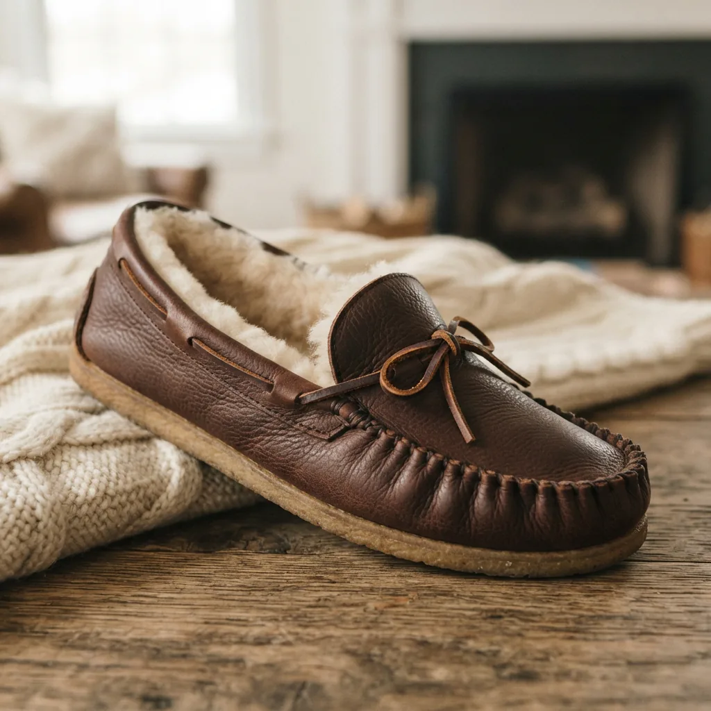 A plush H.S. Trask shearling-lined leather slip-on moccasin slipper, offering ultimate warmth and indoor comfort.