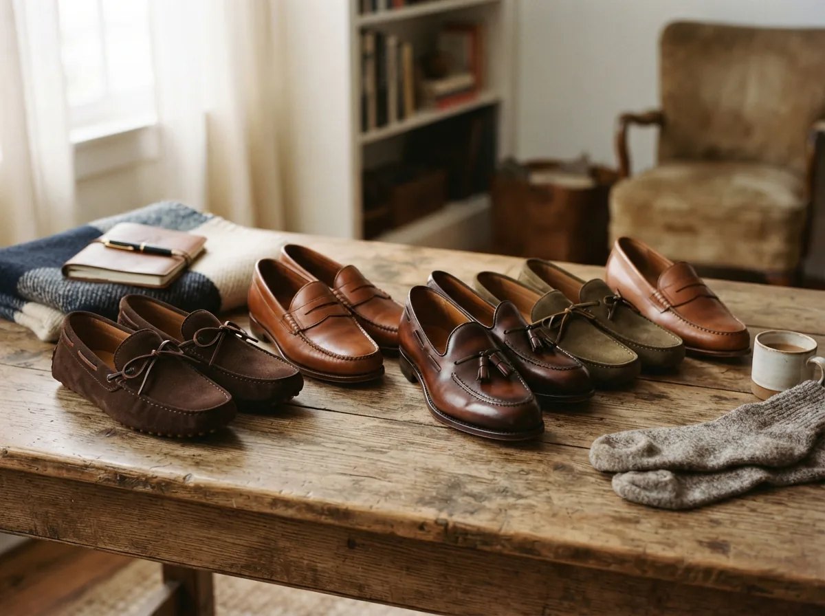A neatly arranged collection of different Trask loafer styles on a wooden surface.