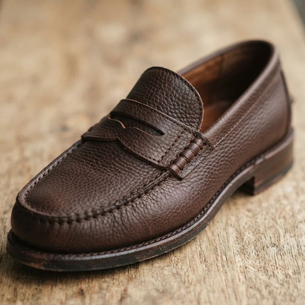 A sophisticated H.S. Trask penny loafer handcrafted from distinctive, supple Norwegian Elk hide.