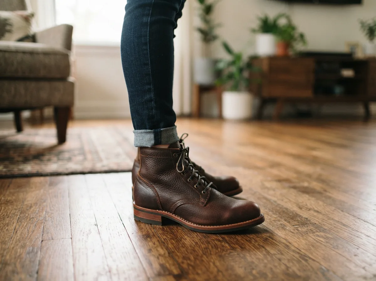 H.S. Trask Women's Bison Leather Bootie, styled with dark jeans on a polished wooden floor.