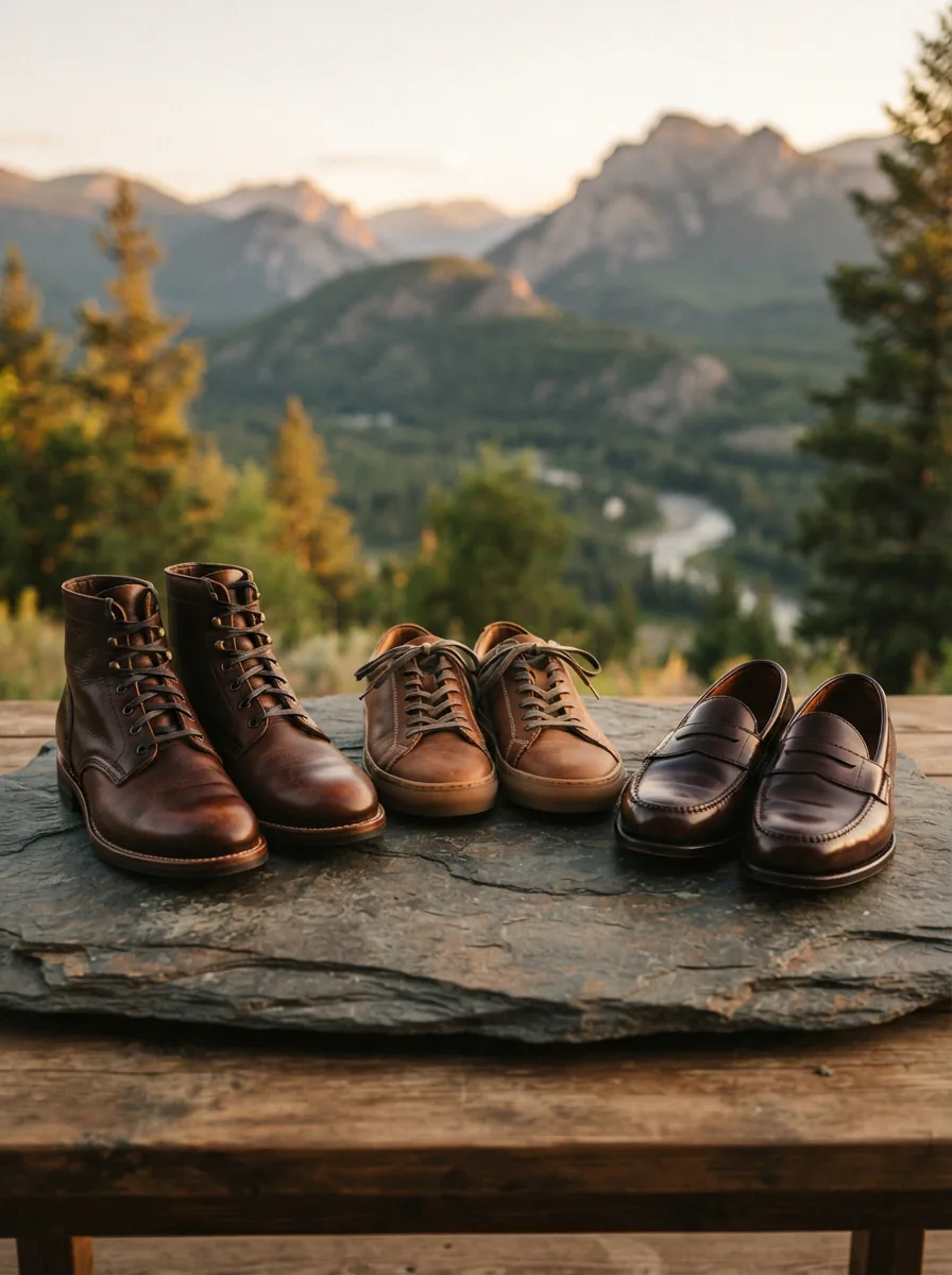 A collection of Trask men's leather shoes and boots displayed on a natural stone surface with a blurred mountain backdrop, evoking American heritage.