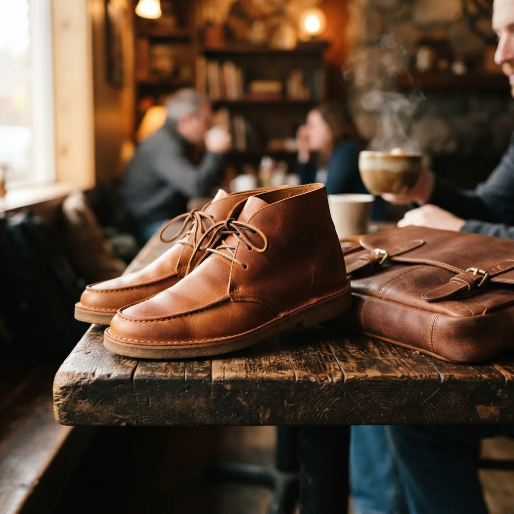 The H.S. Trask Elk Hide Chukka Boot placed next to a leather messenger bag on a cafe table.