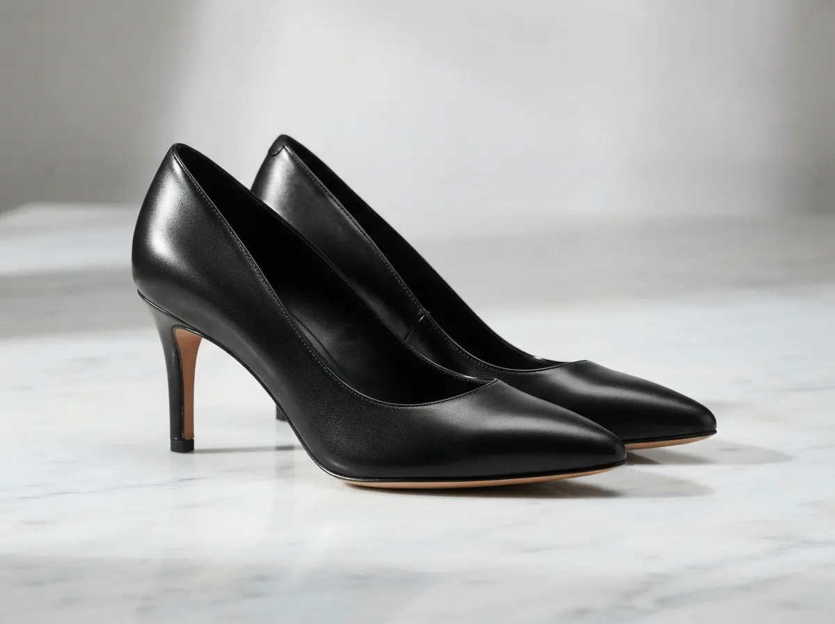 A pair of sleek black leather H.S. Trask women's heeled pumps posed on a marble surface.