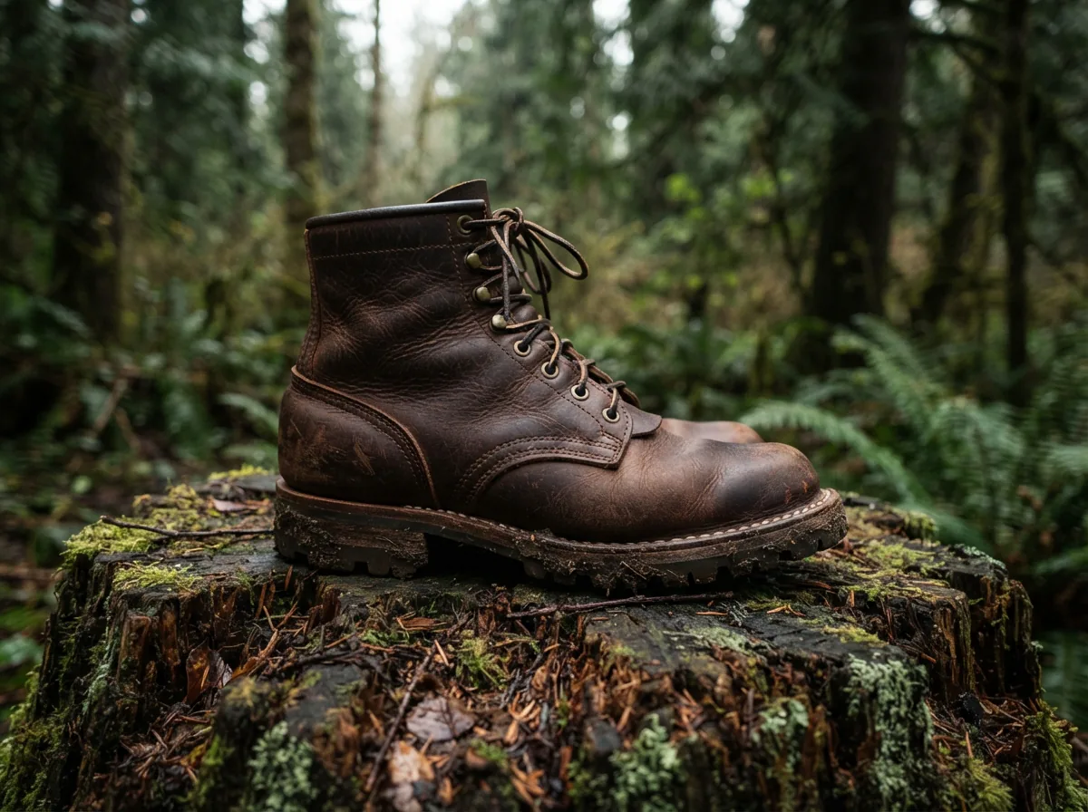 The H.S. Trask Wildlife Leather Boot positioned prominently on a weathered tree stump in a forest.