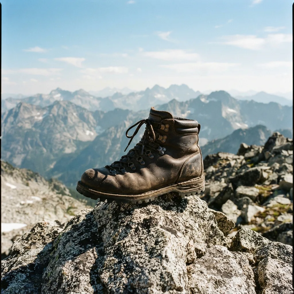 The H.S. Trask Mountain Trail Boot standing on rocky terrain with a mountain vista in the background.