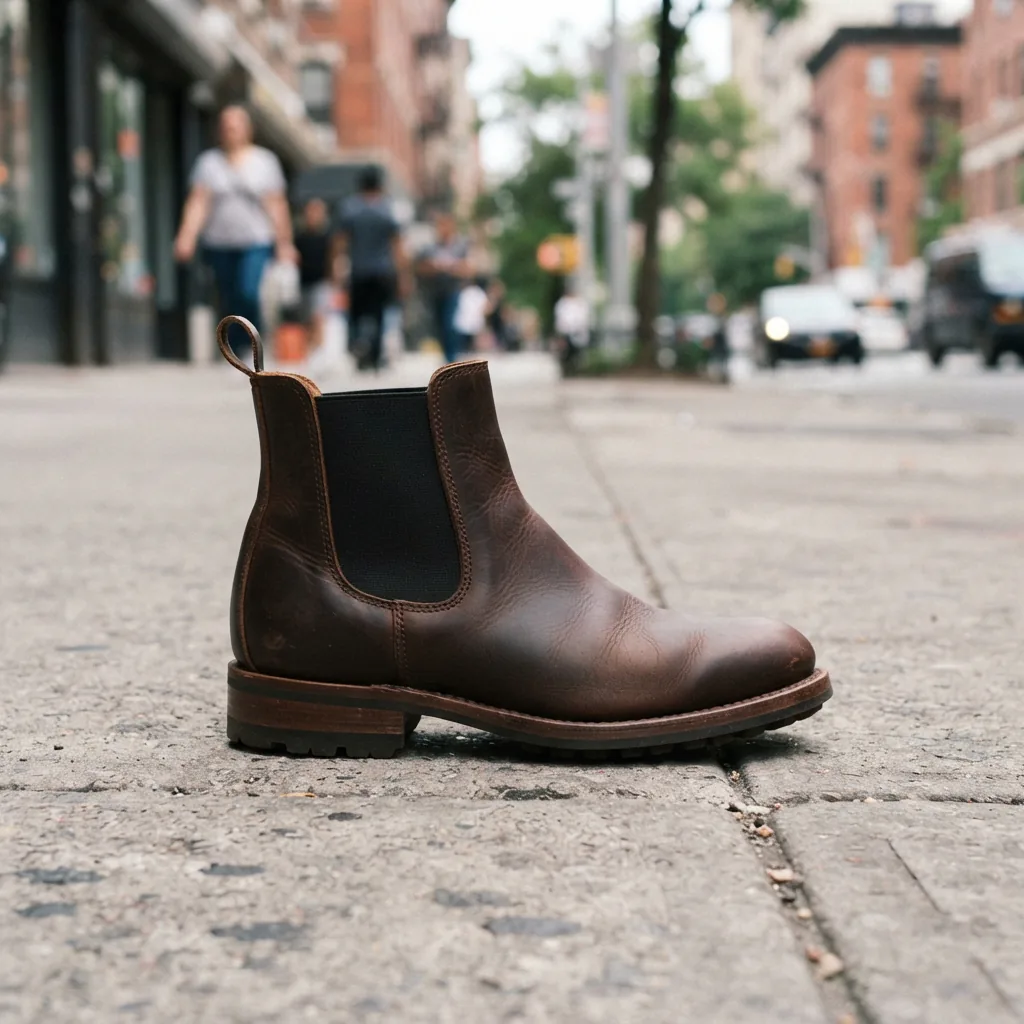 H.S. Trask Women's Chelsea Boot in sleek leather, displayed on a city sidewalk.