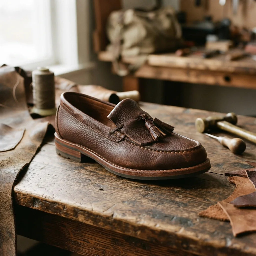 A timeless H.S. Trask tassel loafer made from durable, full-grain American Bison leather for enduring style.