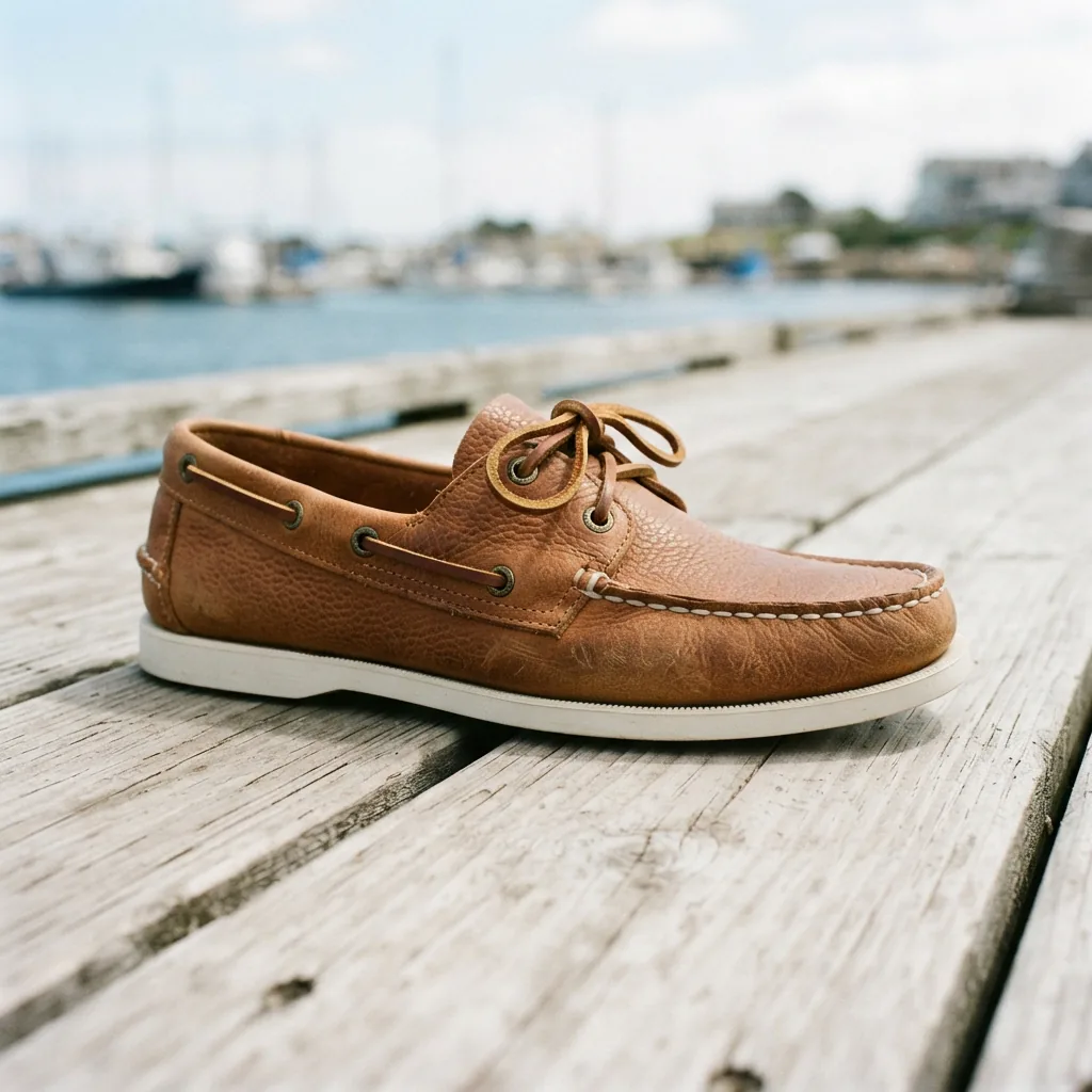 H.S. Trask Men's Boat Shoes in tan bison leather, placed on a light wooden dock surface.