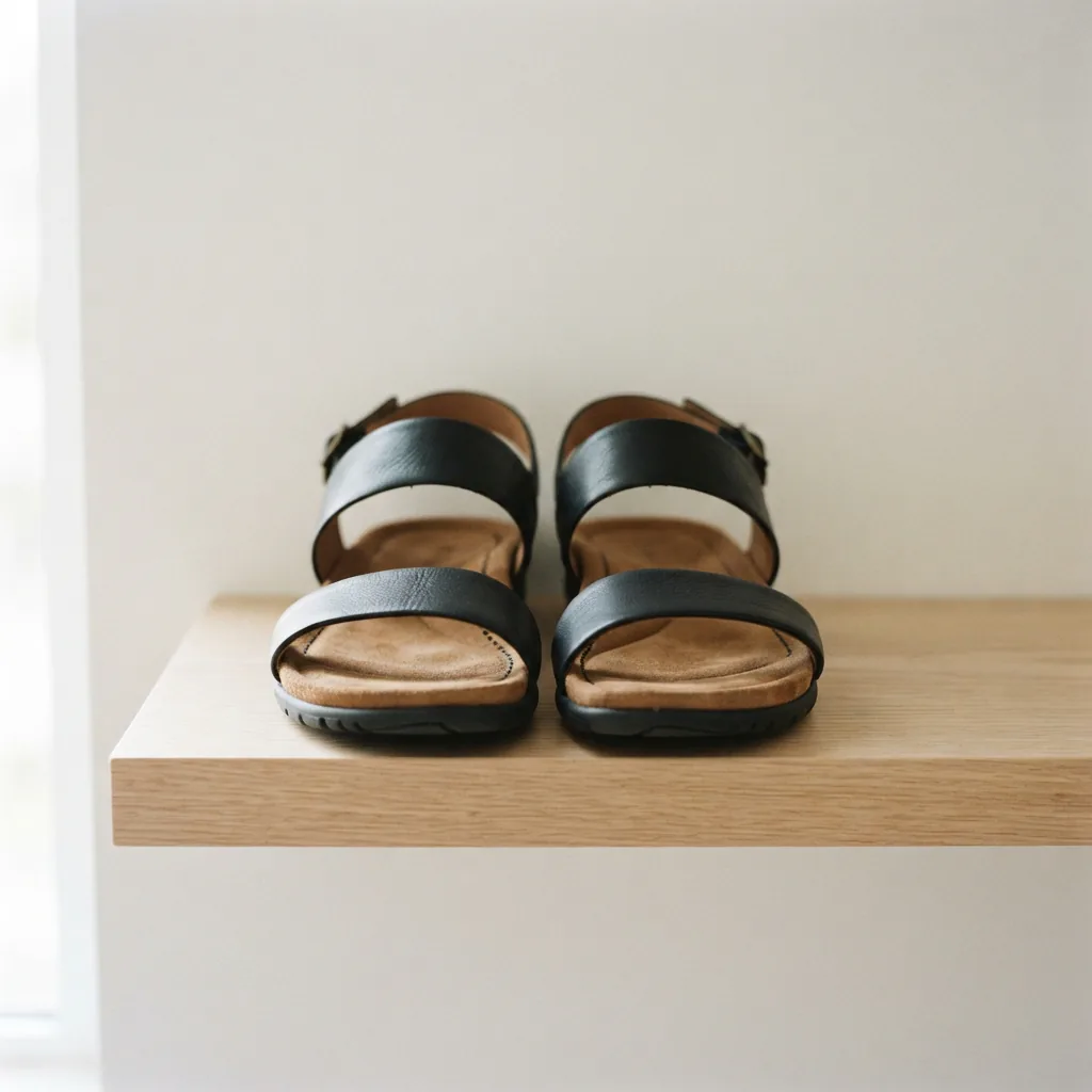 A pair of black leather H.S. Trask women's sandals displayed on a minimalist shelf.