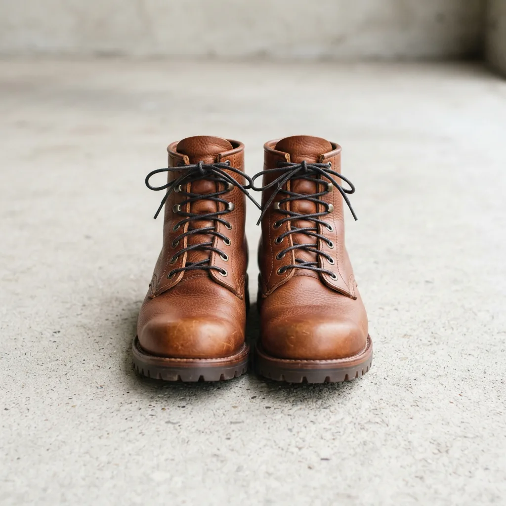 A pair of classic H.S. Trask Boots made from American Bison leather, sitting side-by-side.