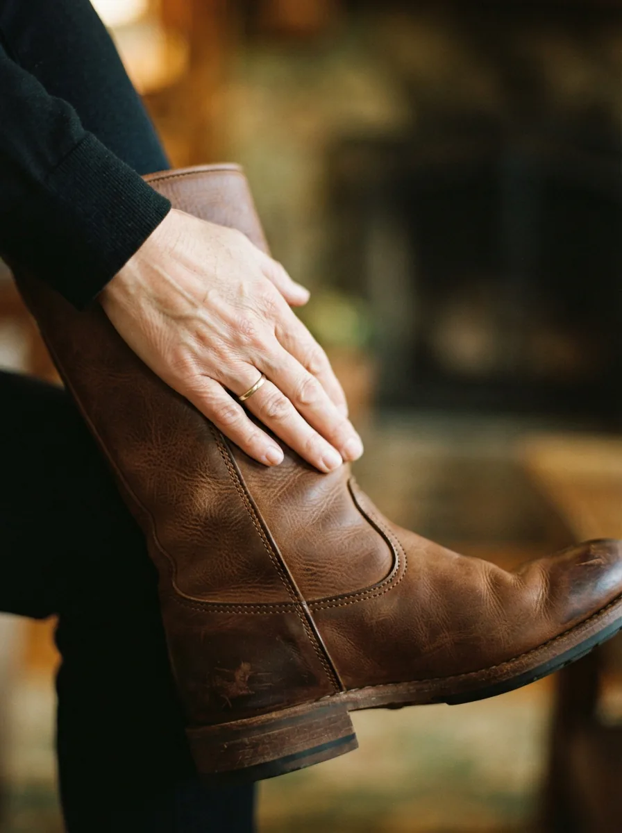 A close-up of a woman's hand resting on the ankle of a Trask boot, showcasing the leather texture.