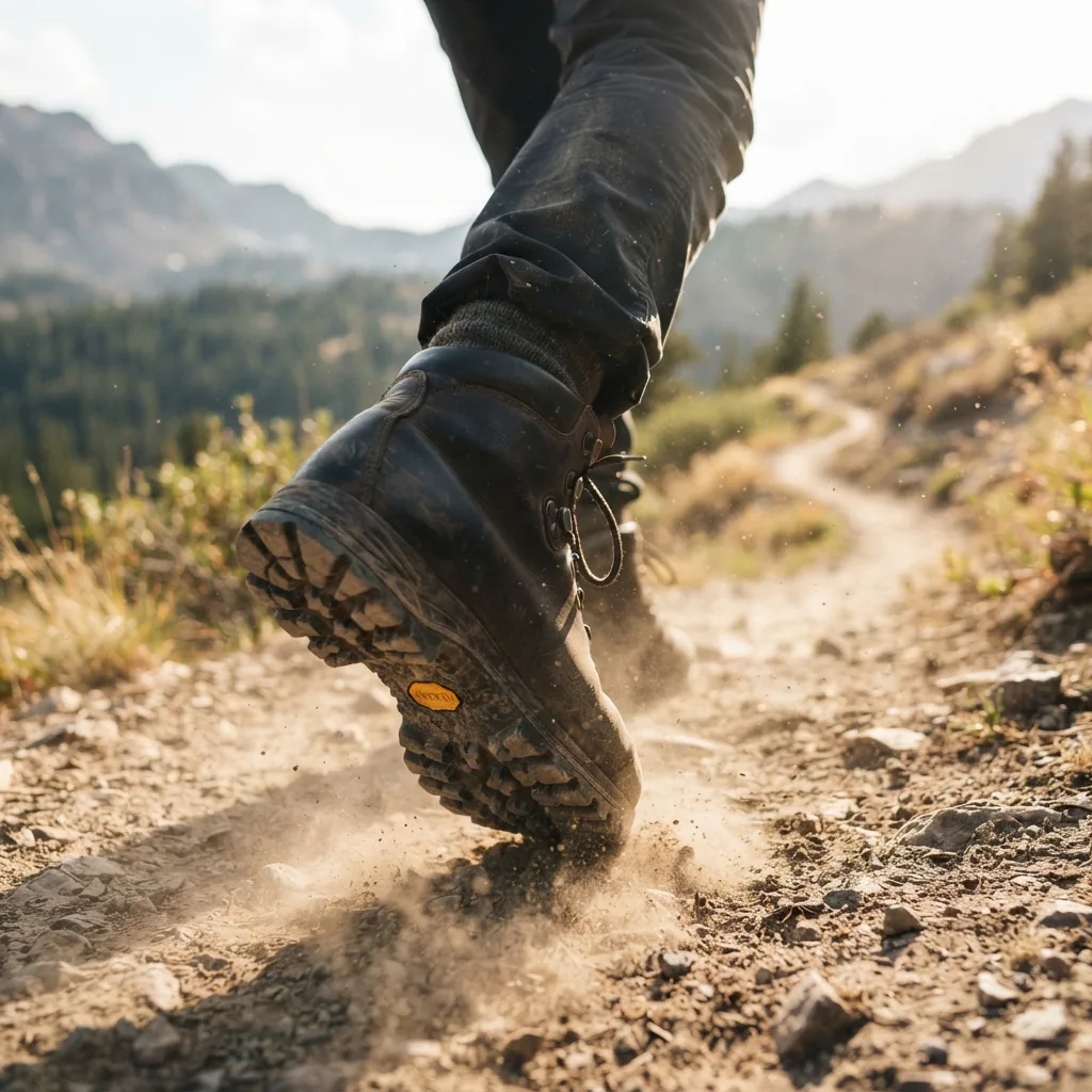The H.S. Trask Men's Boot shown mid-stride on a dusty, sunlit trail.