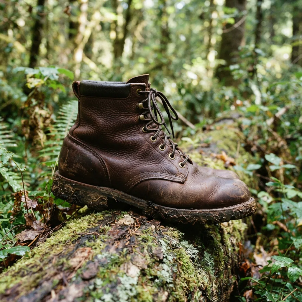 The H.S. Trask Outdoor Boot placed on a moss-covered log in a forest setting.