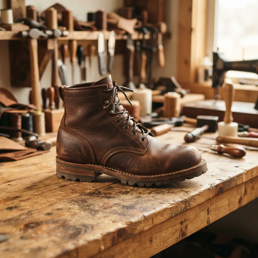 The H.S. Trask Western Bison Work Boot shown in a workshop setting with tools in the background.