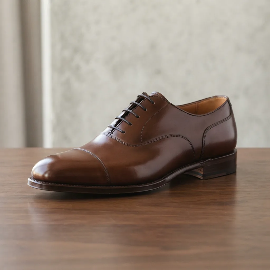 A formal H.S. Trask brown leather Oxford lace-up shoe, representing polished craftsmanship for professional occasions.