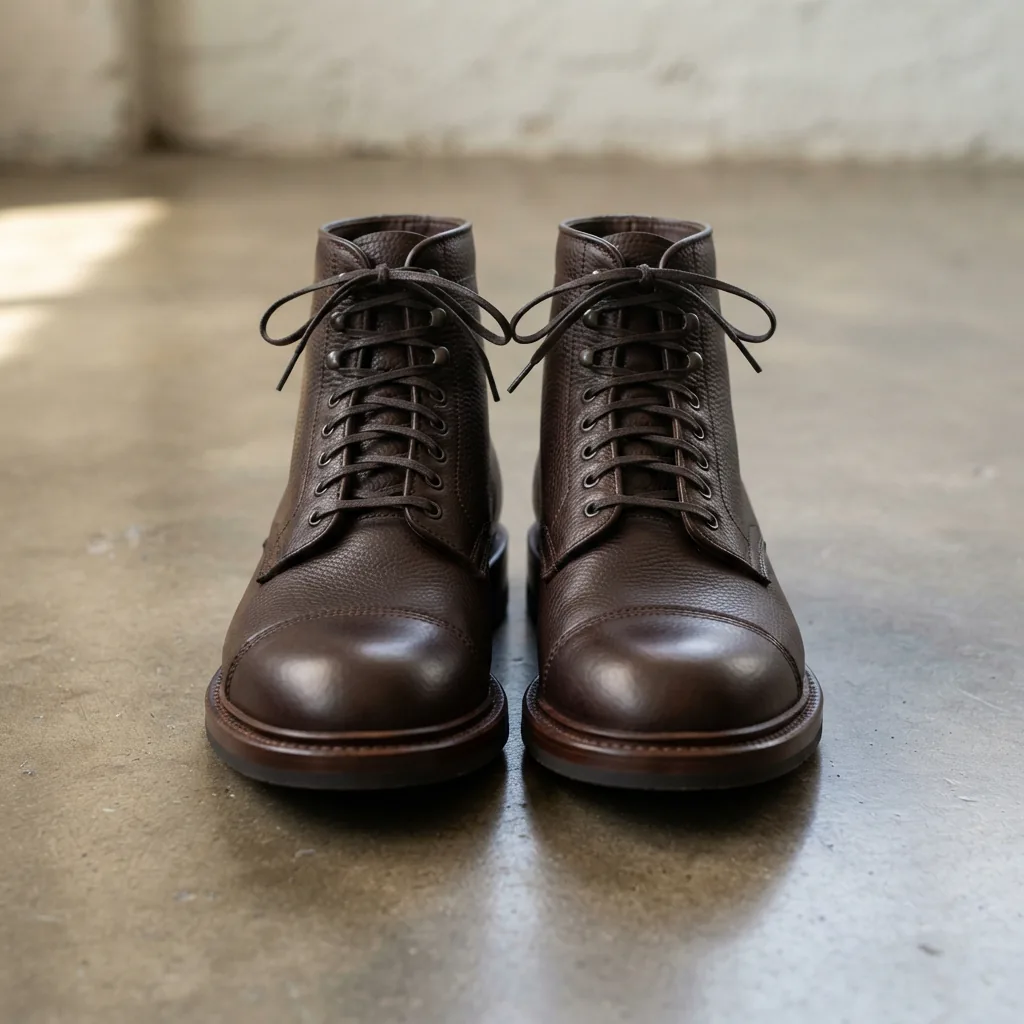 H.S. Trask Men's Dress Boots in dark brown elk hide, displayed on a polished concrete floor.