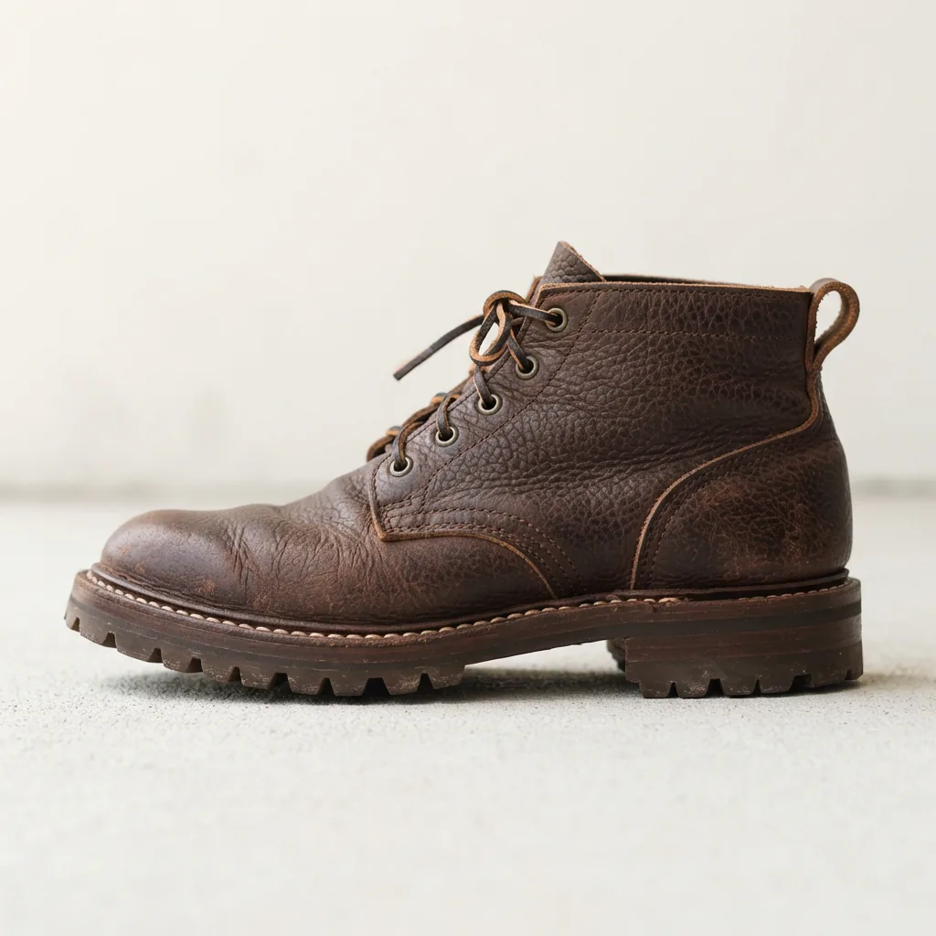 H.S. Trask Men's Reid Boot crafted from American Bison leather, shown from the side on a natural wood floor.