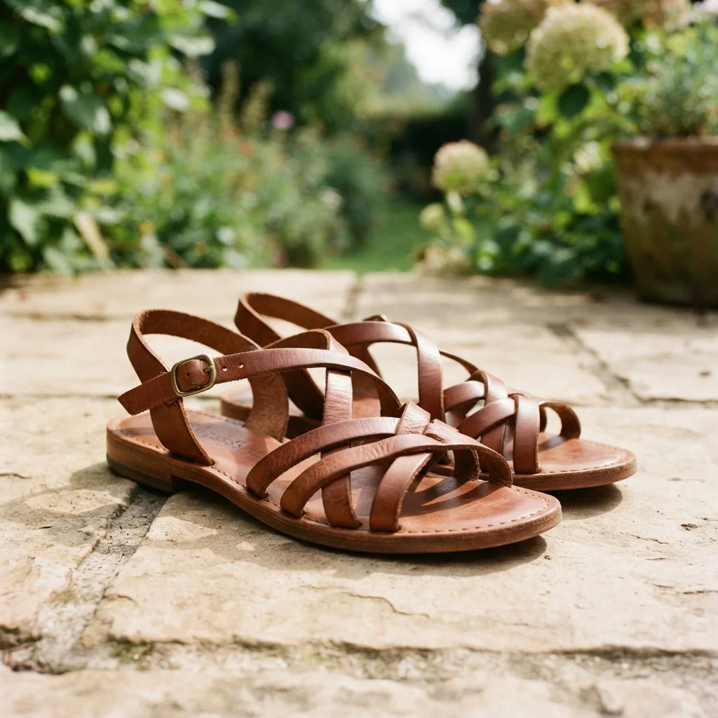 A pair of brown leather H.S. Trask women's sandals with intricate strapping on a sun-drenched patio.