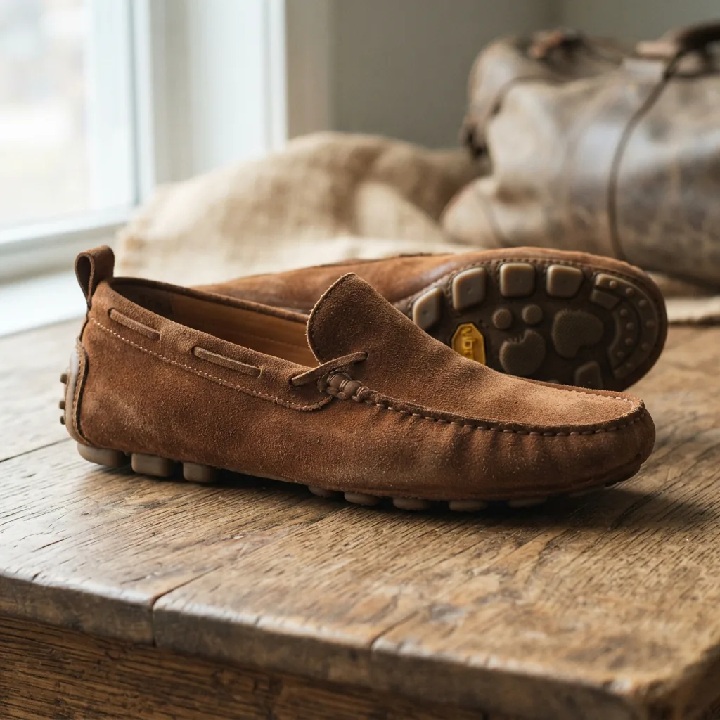 A H.S. Trask suede driving loafer with a distinctive Vibram sole, crafted for soft feel and superior comfort.