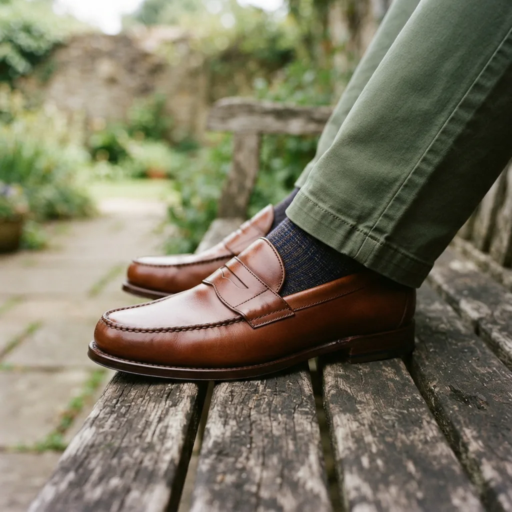 H.S. Trask Men's Heritage Penny Loafer in full-grain leather, styled with chinos on a wooden bench.