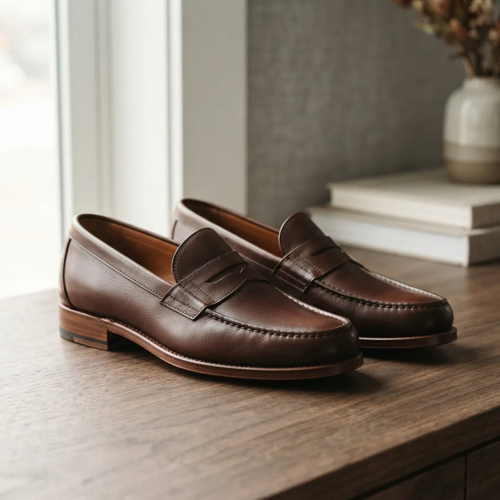 A versatile pair of H.S. Trask leather loafers, designed to transition from casual to formal settings with refined elegance.