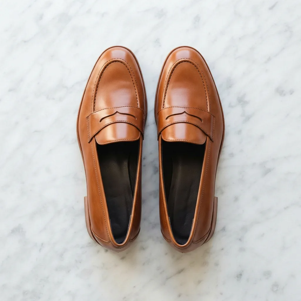 A pair of cognac leather H.S. Trask women's shoes on a marble surface.