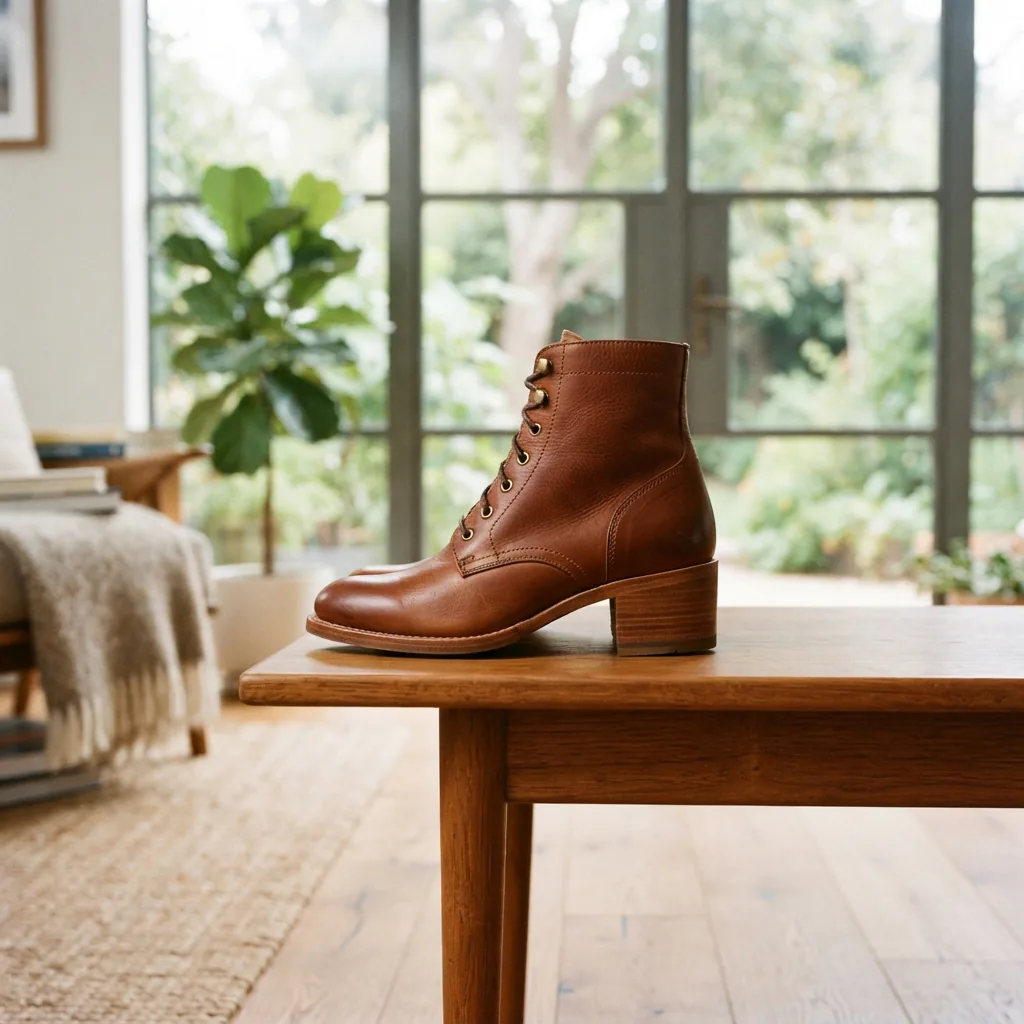 The H.S. Trask Women's Boot displayed on a stylish wooden bench in a modern, well-lit room.