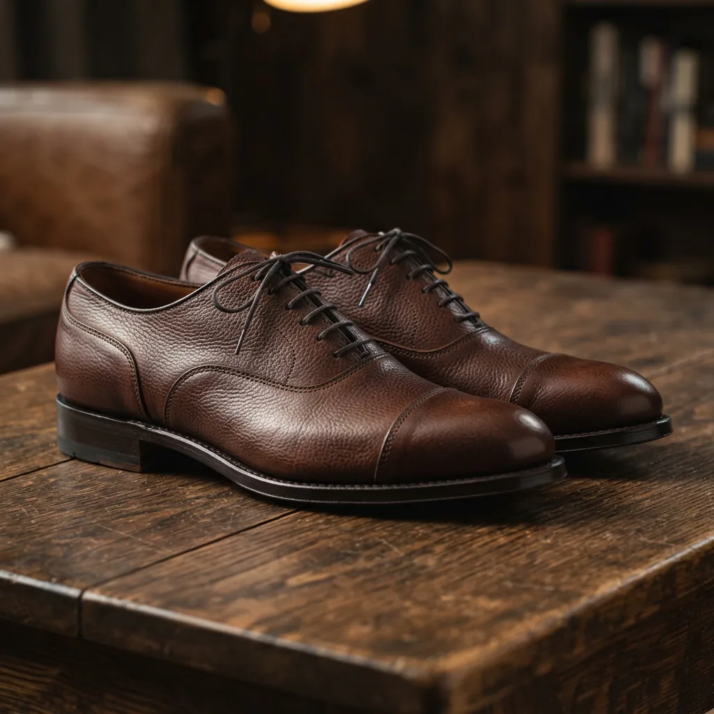 H.S. Trask Men's Oxfords in rich brown Norwegian Elk leather, displayed on a dark wooden table.