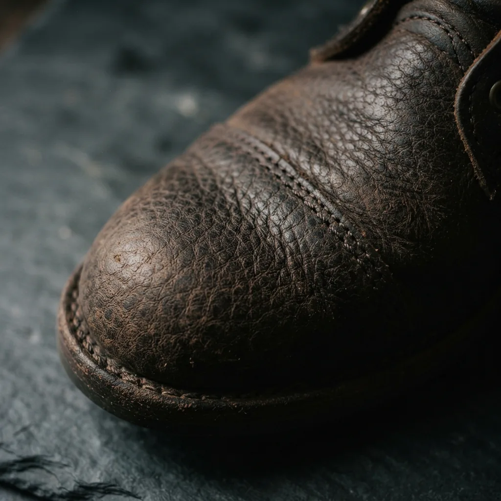 A close-up of the H.S. Trask Wildlife Leather Boot, highlighting the unique grain of the Bison leather.