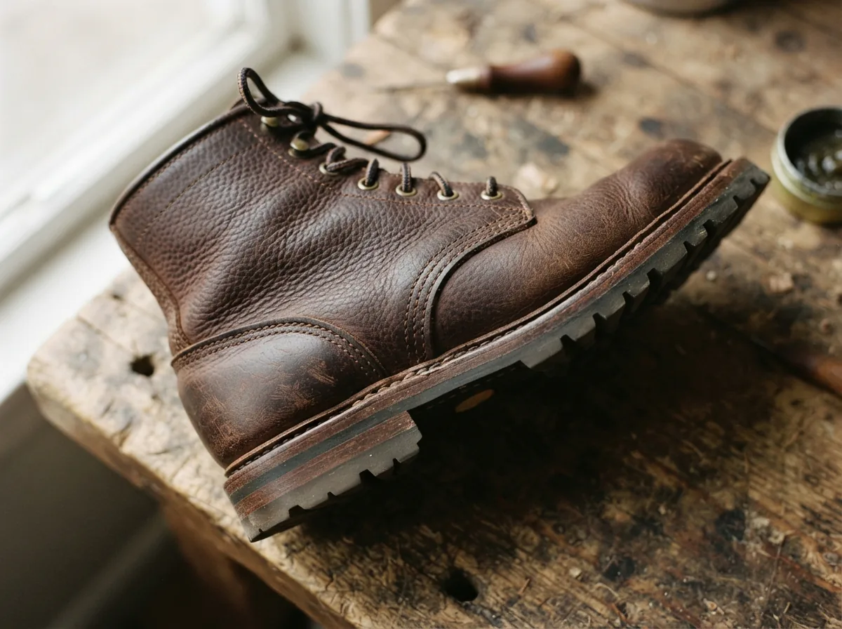A close-up of a Trask boot's stitching and leather texture on a wooden workbench.
