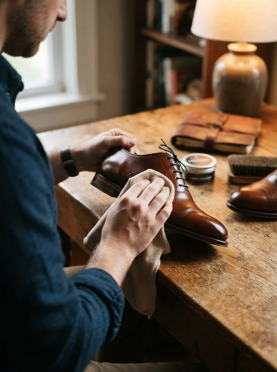 A man's hand brushing a soft cloth over a polished Trask leather shoe on a wooden desk.