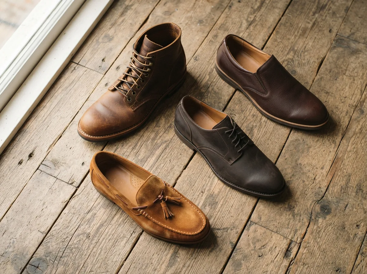 Assorted Trask men's leather shoes and boots arranged on a rustic wooden surface, highlighting different leather textures and styles.