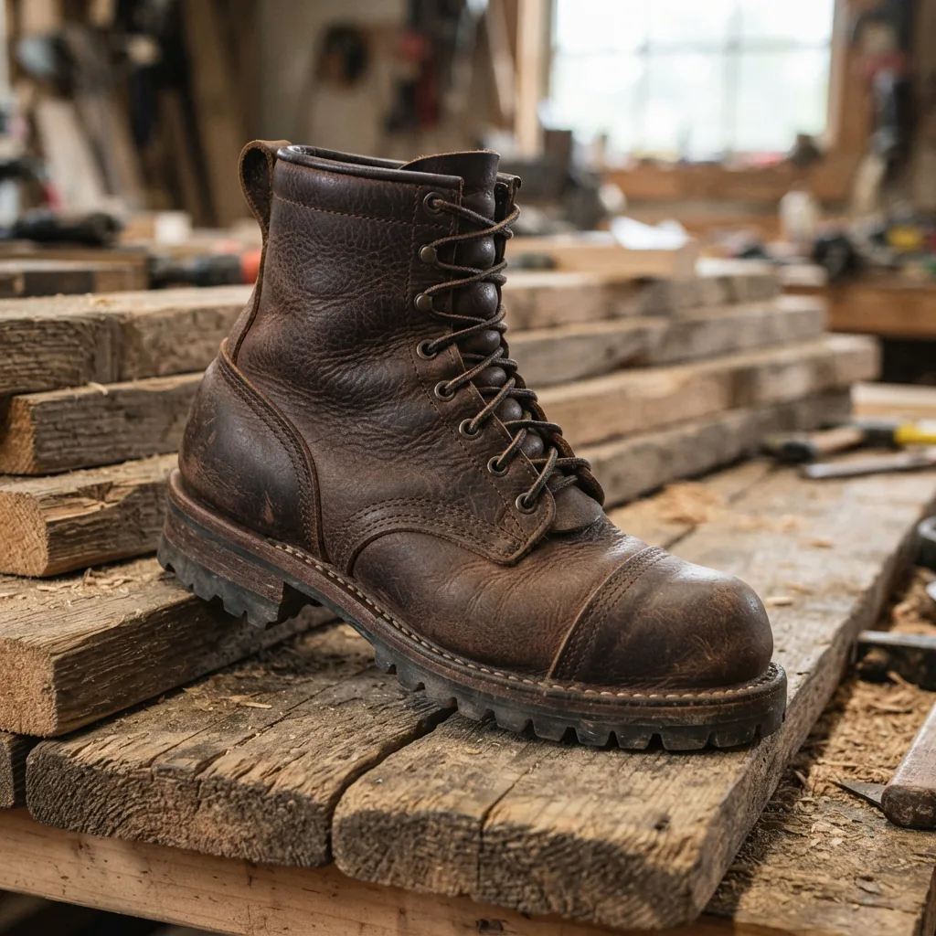 H.S. Trask Men's Rancher Work Boot made of American Bison, resting on a stack of lumber.