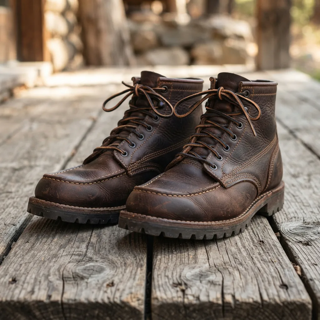 H.S. Trask Men's Boots in dark brown bison leather, standing on a weathered wooden plank.