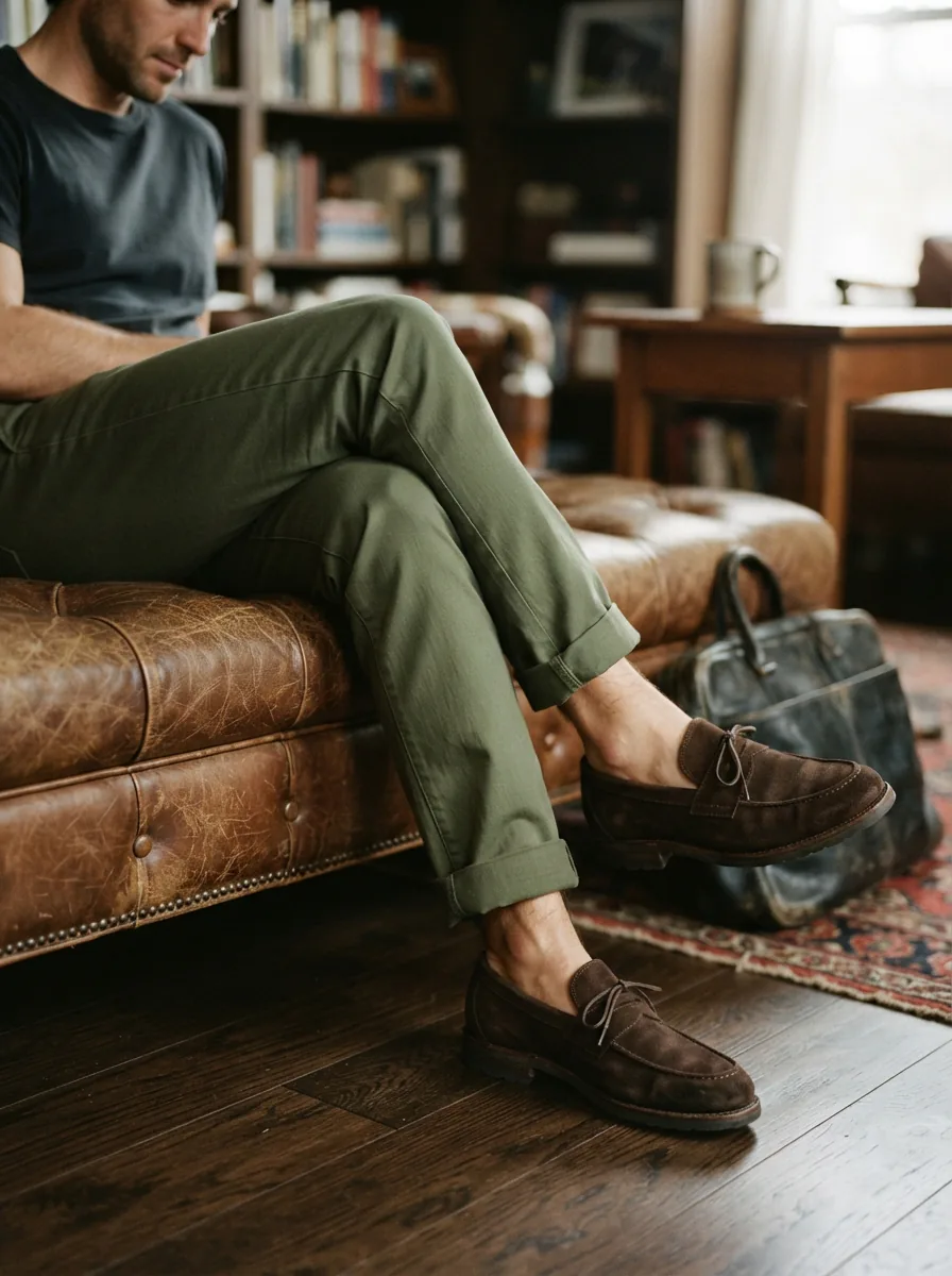 A person casually wearing Trask loafers with rolled-up trousers, seated in a relaxed pose.