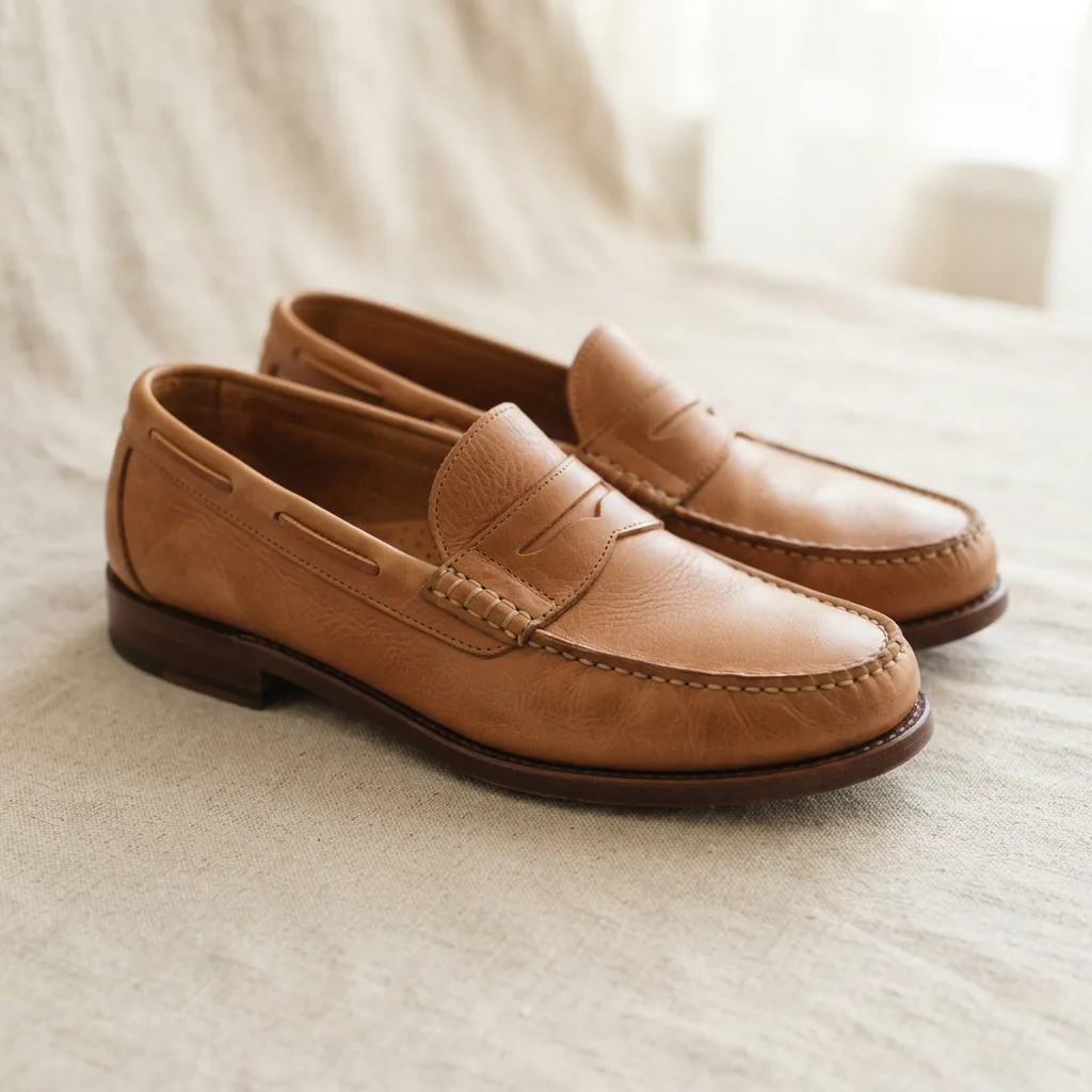 H.S. Trask Men's Loafers in light brown elk leather, placed on a light fabric surface.