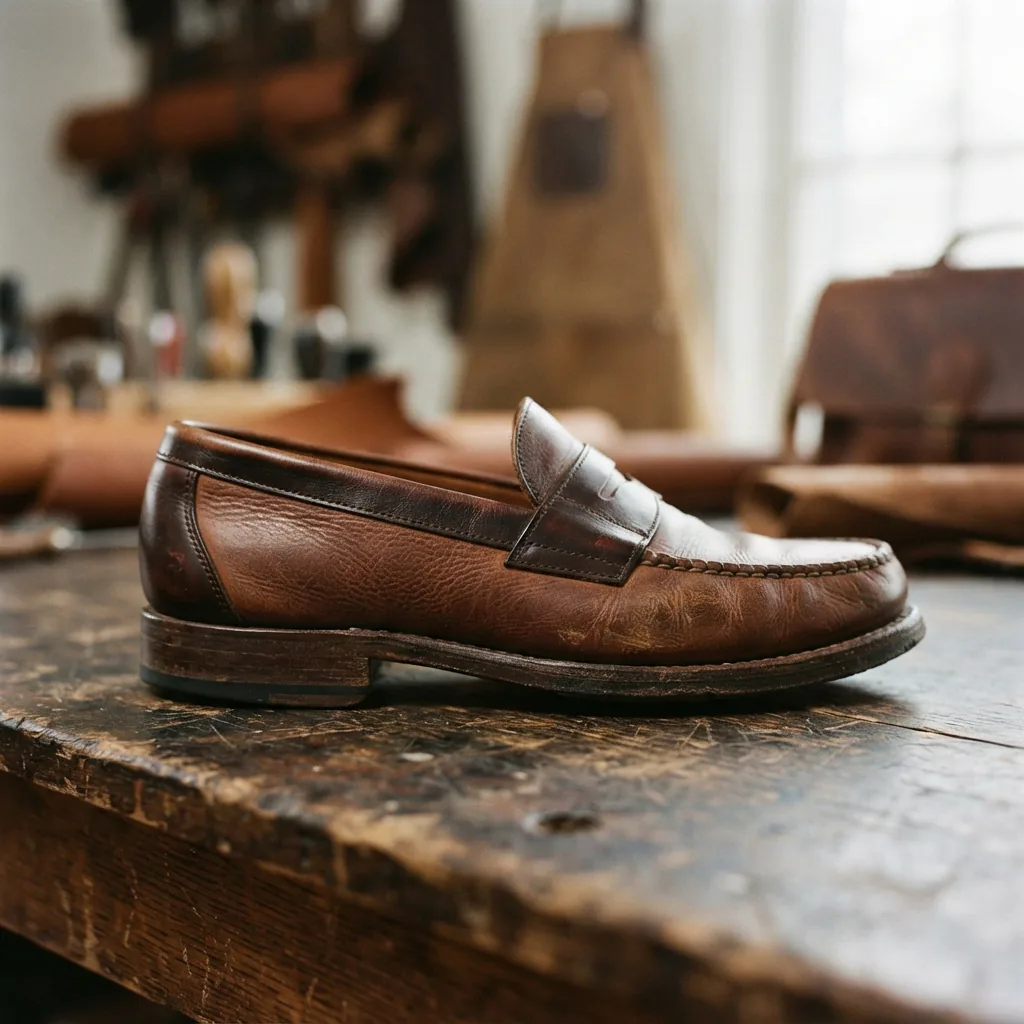 A vintage-inspired H.S. Trask two-tone loafer made from American steer leather, designed to develop a rich patina with wear.