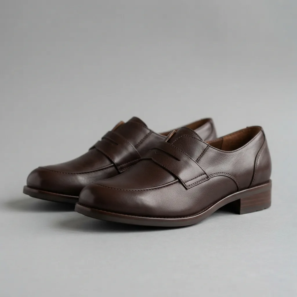 A pair of dark brown leather Trask women's shoes with a low heel.