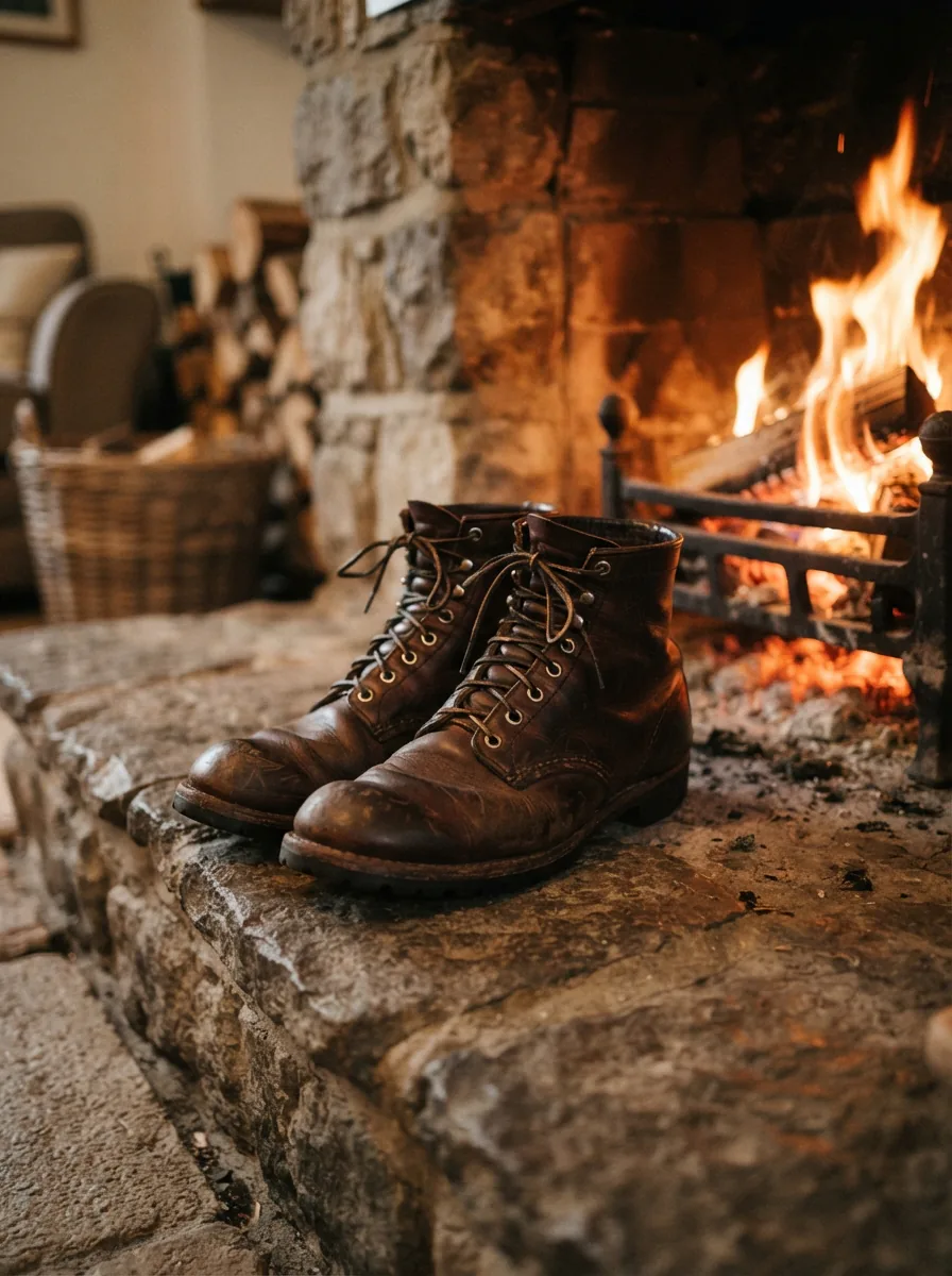 A pair of well-worn Trask boots resting by a fireplace.