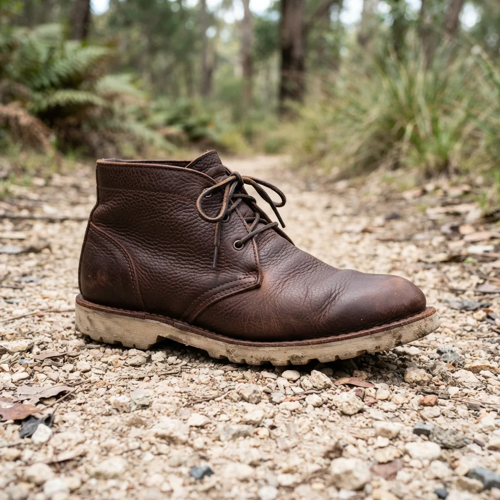 H.S. Trask Men's Yellowstone Chukka in Norwegian Elk leather, presented on a hiking trail background.
