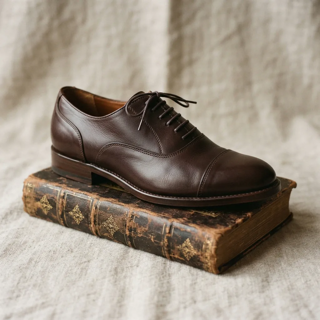 A single dark brown leather H.S. Trask women's oxford shoe resting on a leather-bound book.