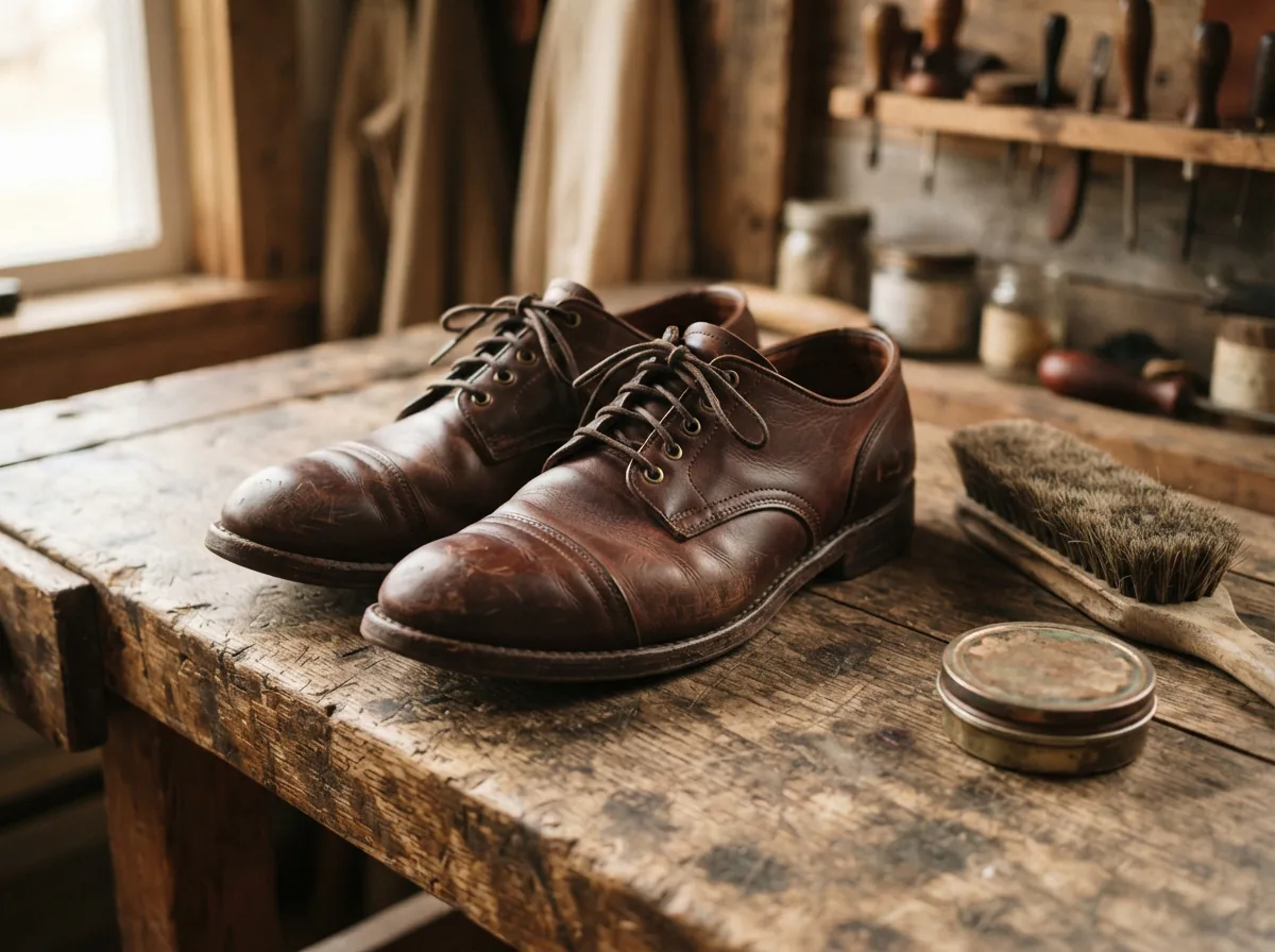 A pair of well-worn Trask leather shoes sits on a rustic wooden floor, next to a leather care kit, symbolizing quality and proper maintenance.
