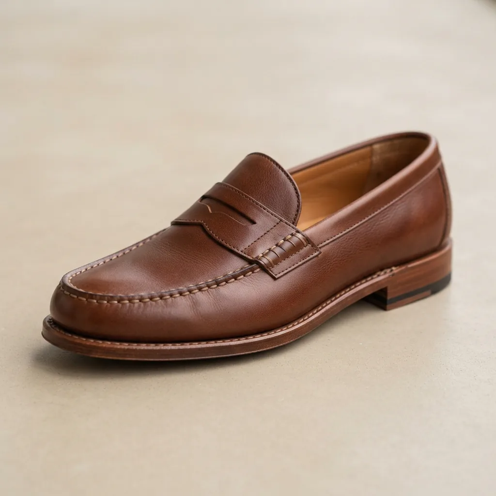 A classic H.S. Trask leather penny loafer in rich brown, showcasing its timeless silhouette and detailed stitching.