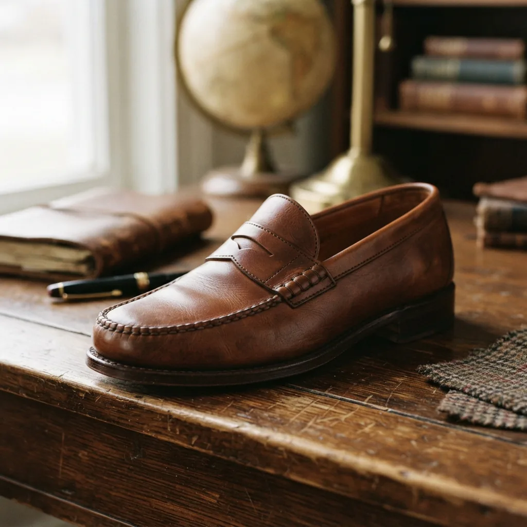 A polished H.S. Trask brown leather penny loafer, embodying classic prep luxury for a sophisticated look.