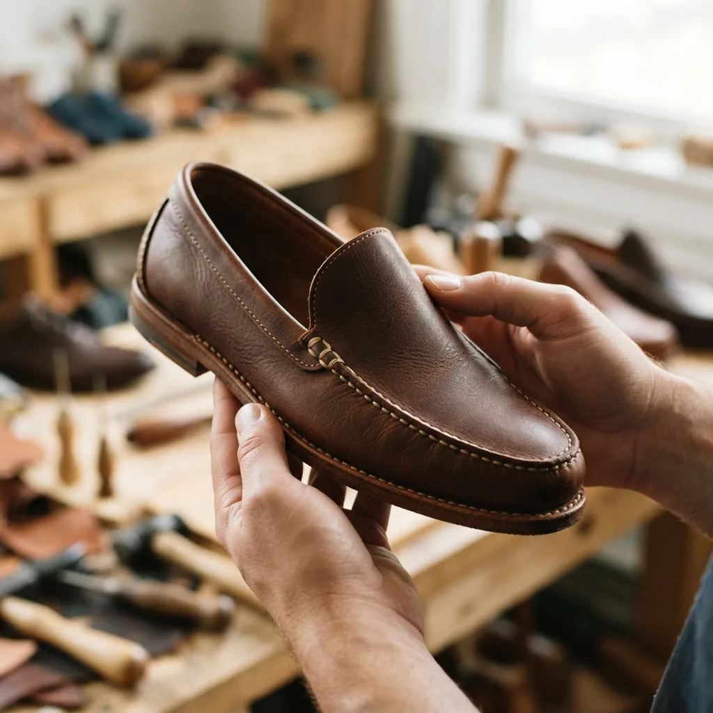 H.S. Trask Men's Slip-On Venetian Loafer in rich leather, held in a person's hands.