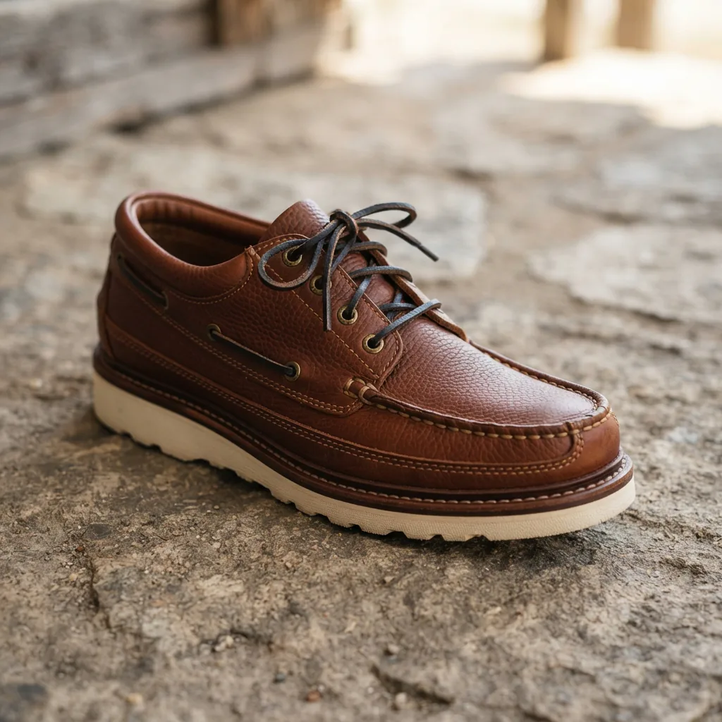 H.S. Trask Men's Casual Shoes in rich brown American Bison leather, photographed on a natural stone surface.