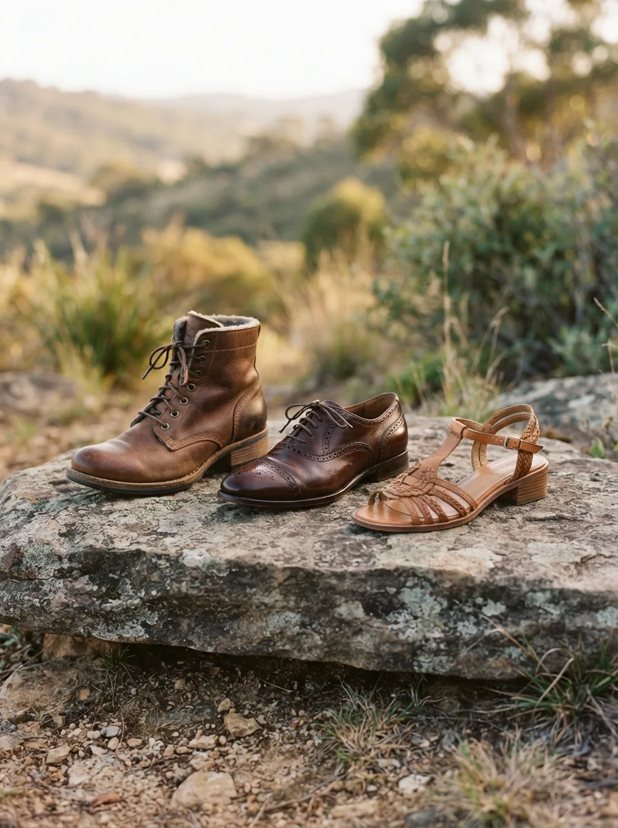 A curated collection of H.S. Trask women's shoes, including boots, oxfords, and sandals, arranged on a natural stone surface.