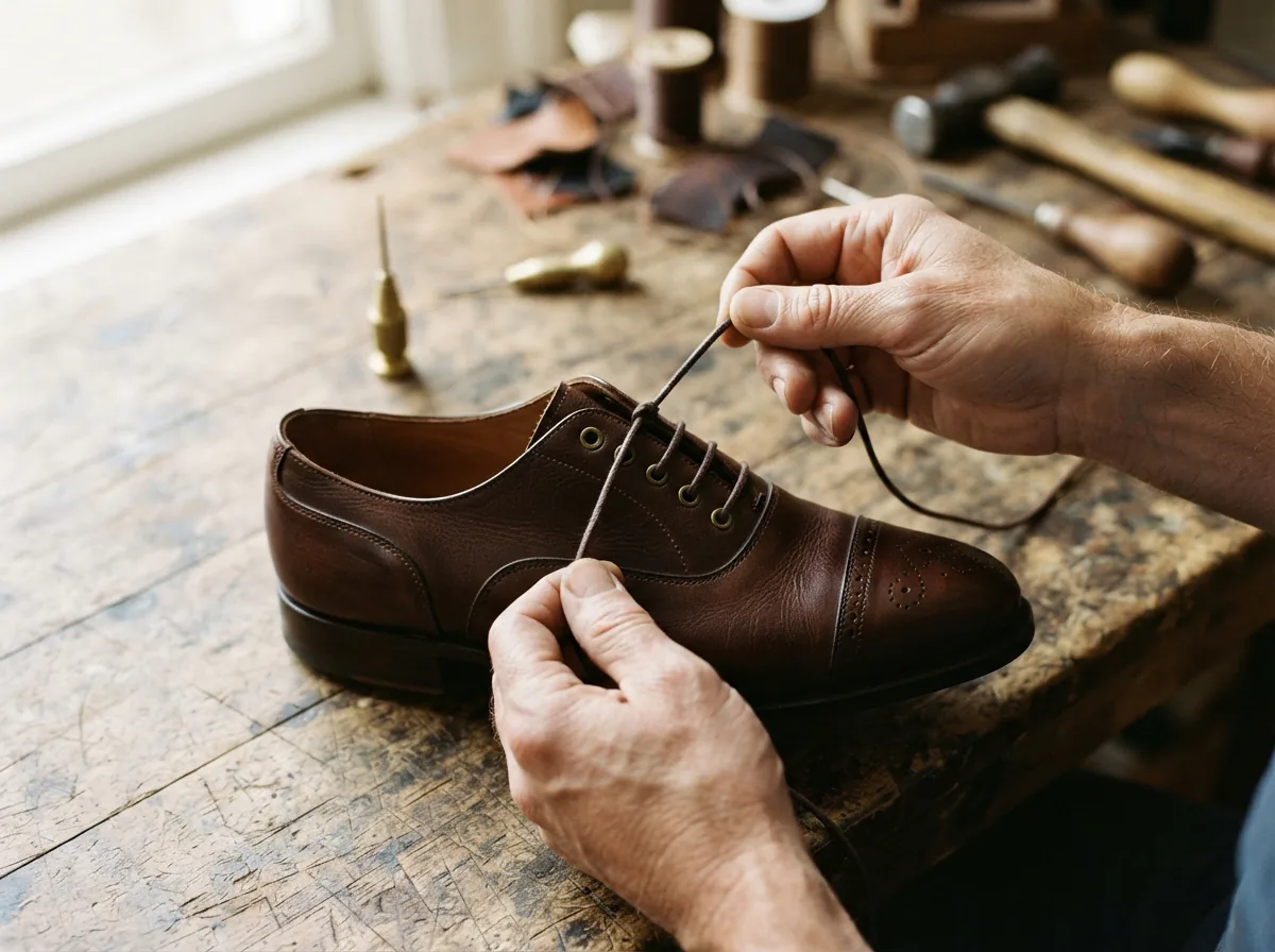 A pair of hands carefully lacing a brown leather Trask oxford shoe on a wooden workbench.